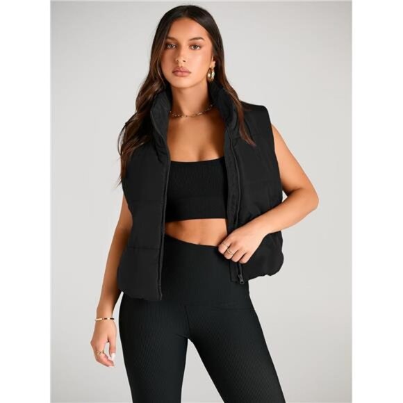 AUTOMET Puffer Vest Women Sleeveless Winter Cropped Outerwear Warm Puffer - Picture 2 of 7